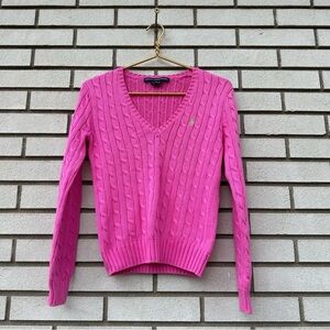 Vintage Ralph Lauren Sport Bubblegum Pink Cable Knit V-Neck Sweater Lime Green